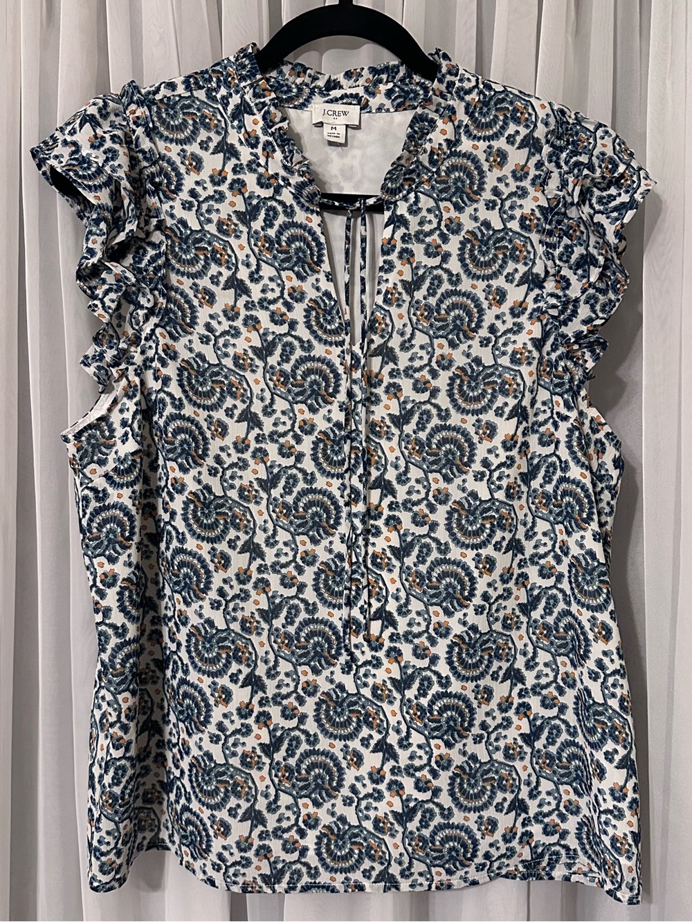 J. Crew Blue and Orange Floral Tie-Neck Ruffle Sleeve Blouse size M